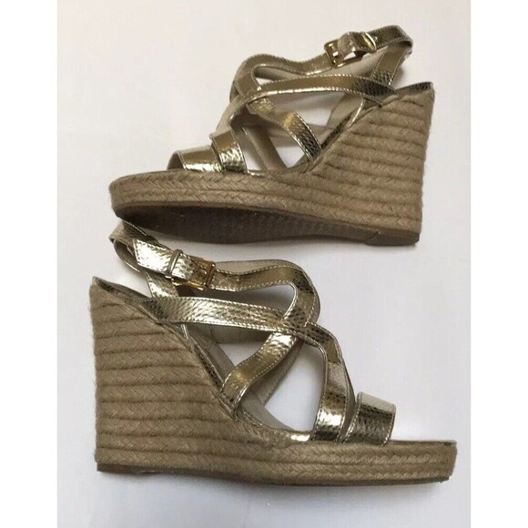 Michael Kors Palm Beach Gold Leather Snake Print Metallic Espadrille Wedge 9.5 - Picture 8 of 10